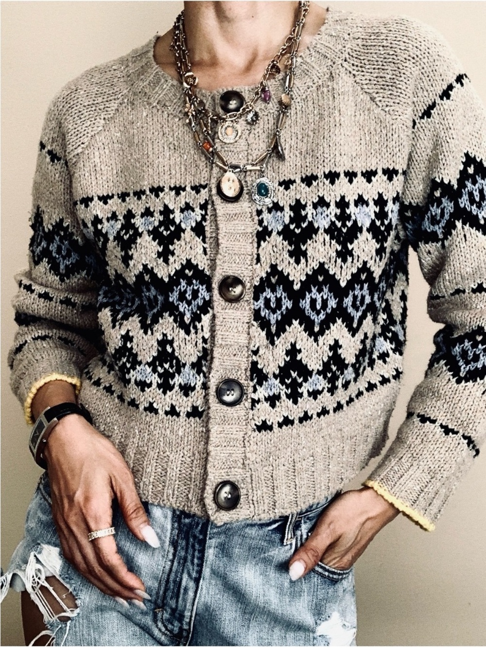 Magaschoni Beige Fair Isle Button-Front Cardigan with Black & Light Blue Pattern
